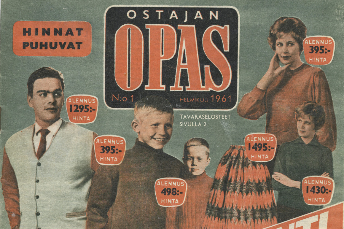 Myyntiesitteen kansi, jossa esitellään muotia aikuisille ja lapsille. Keskellä on otsikko: Ostajan opas. Kuva on vuodelta 1961.