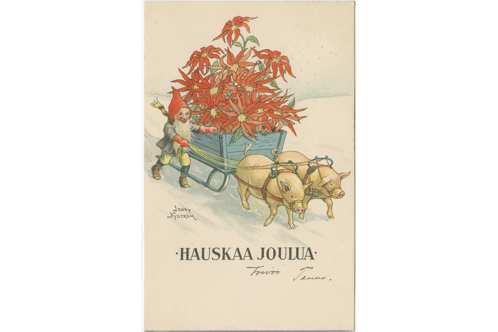 Possut vetävät rekeä, joka on täynnä joulutähtikukkia. Vierellä tonttu.