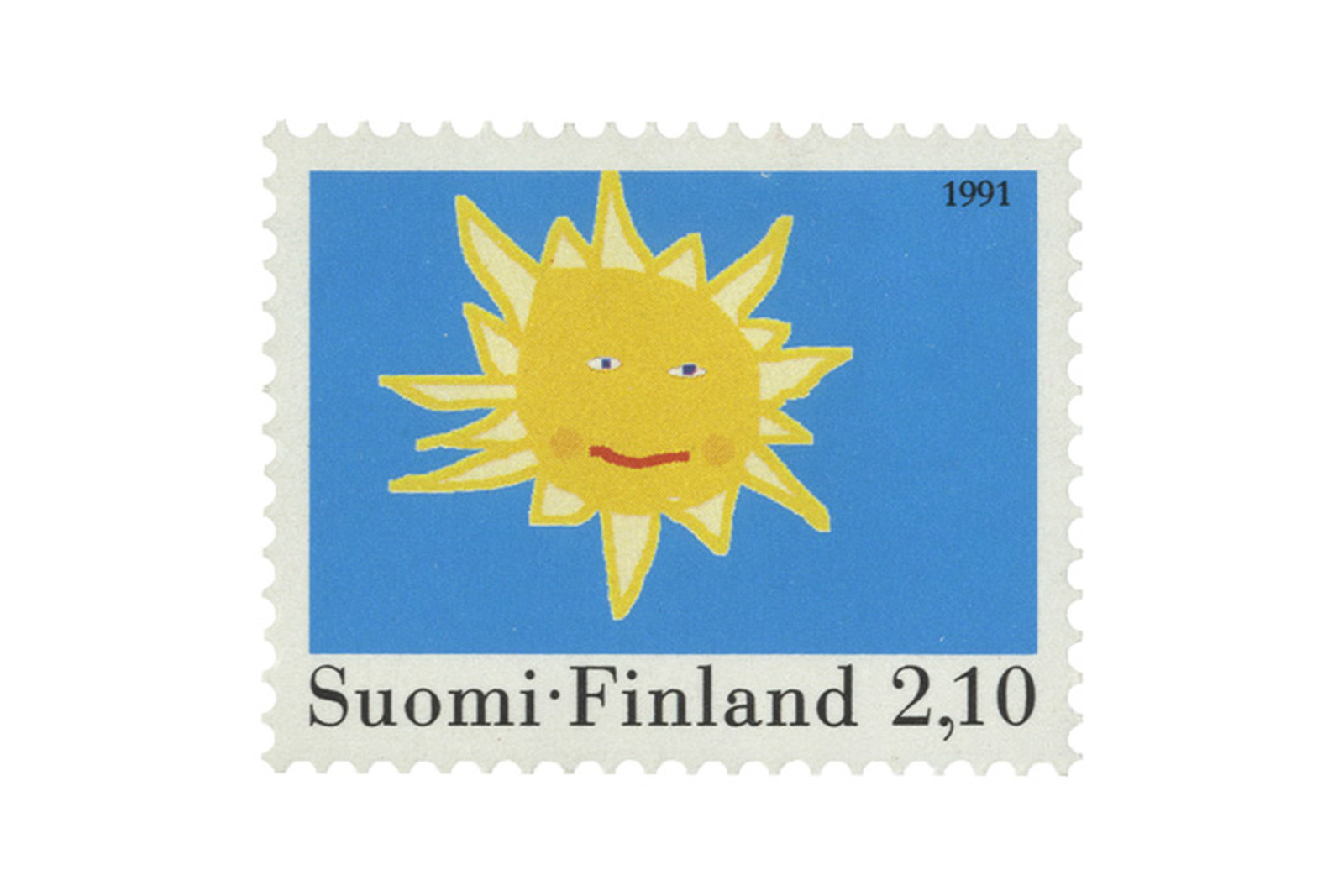 Sinisellä taustalla keltainen aurinko.