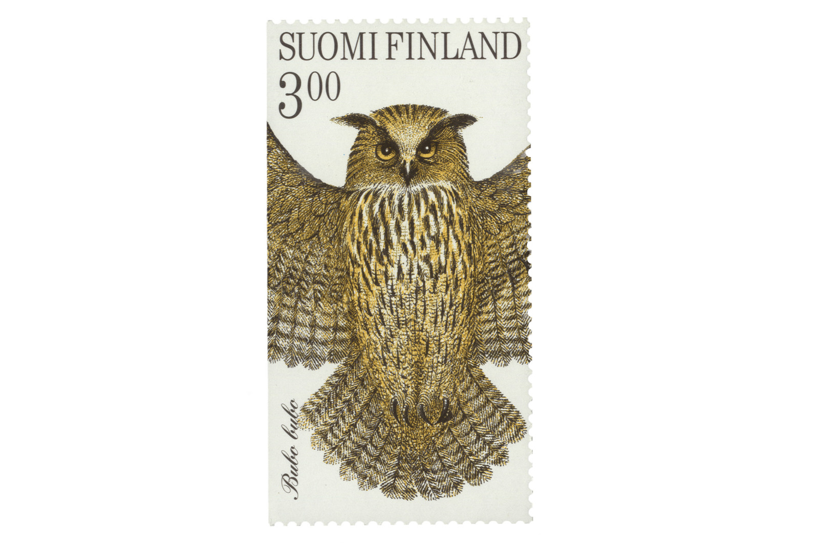 piirretty kuva pöllöstä postimerkissä.