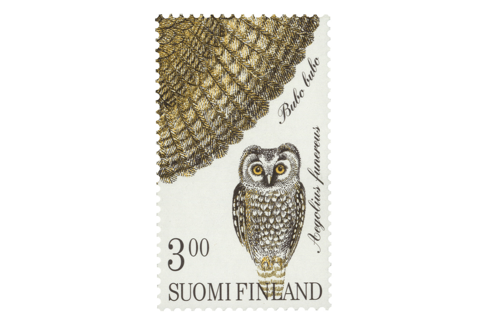 piirretty siiven kulma ja pöllö postimerkissä.