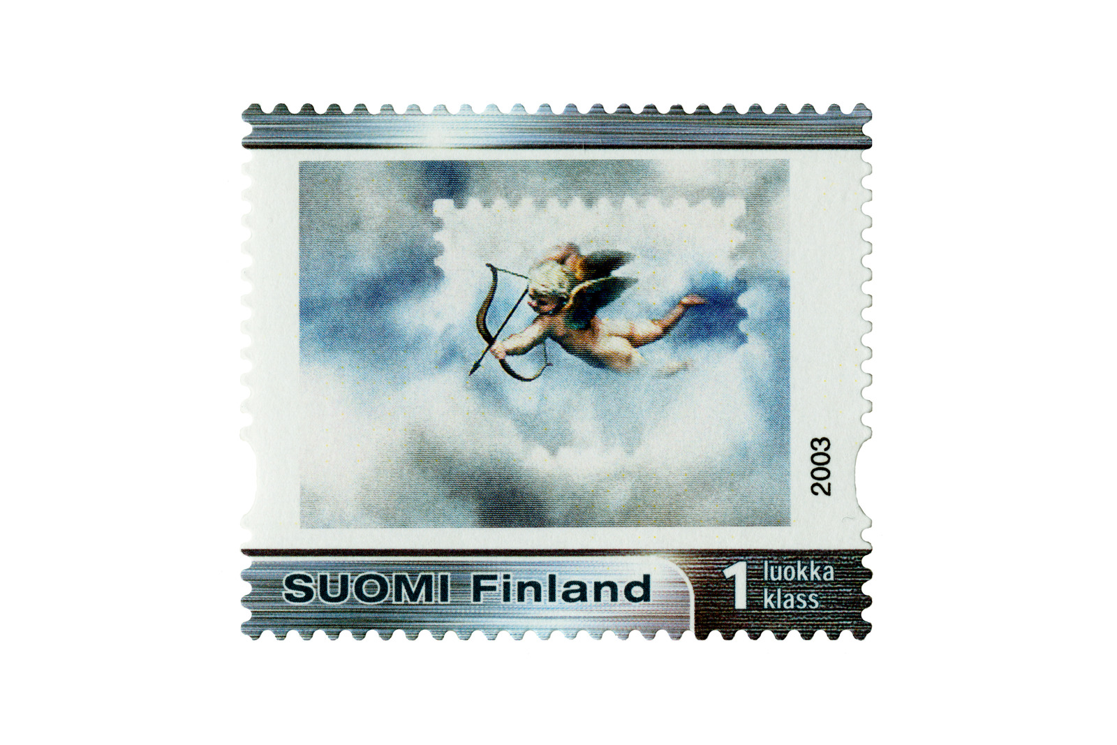 Postimerkki, jossa kuvassa pieni alaston poika siivillä ampumassa nuolta pilvistä.