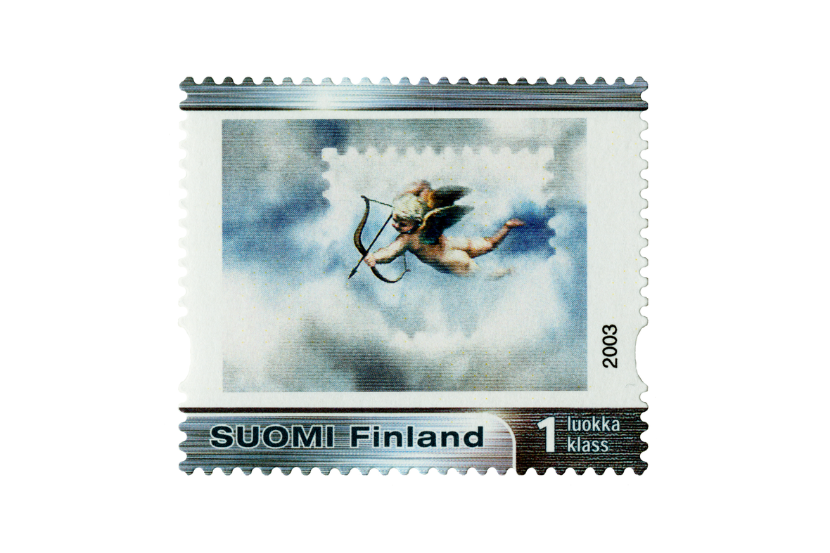 Postimerkki, jossa kuvassa pieni alaston poika siivillä ampumassa nuolta pilvistä.