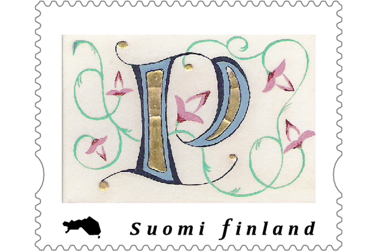 Postimerkissä kalligrafiakirjailtu P.