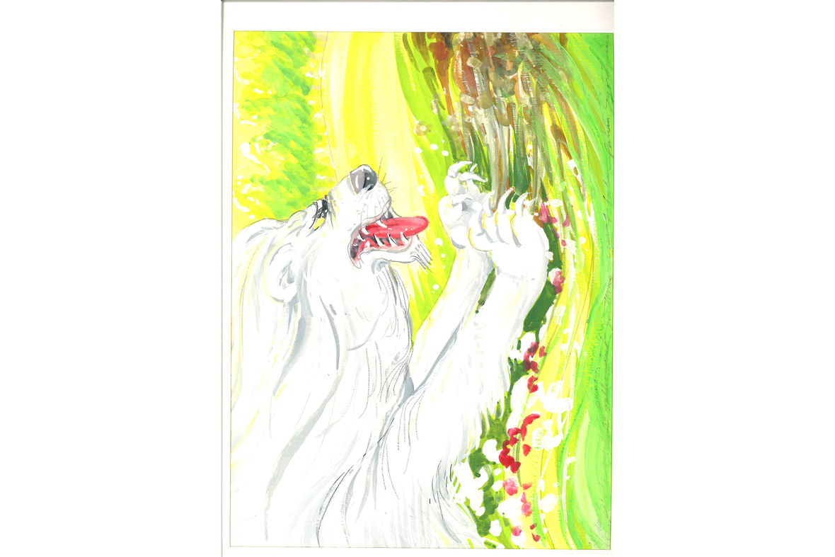 Piirroskuvassa valkoinen leijonankaltainen otus ottaa kynsillä kiinni jostain ruskeasta.