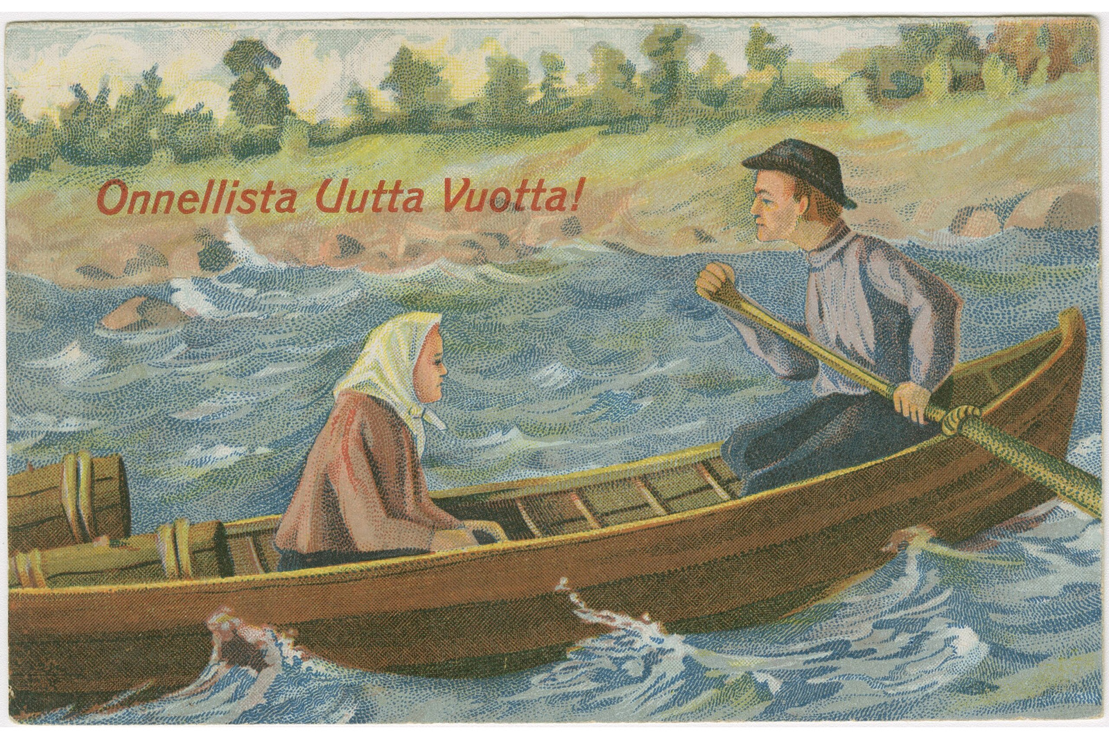 Hattupäinen mies ja huivipäinen nainen soutuveneessä kesäisessä maisemassa.
