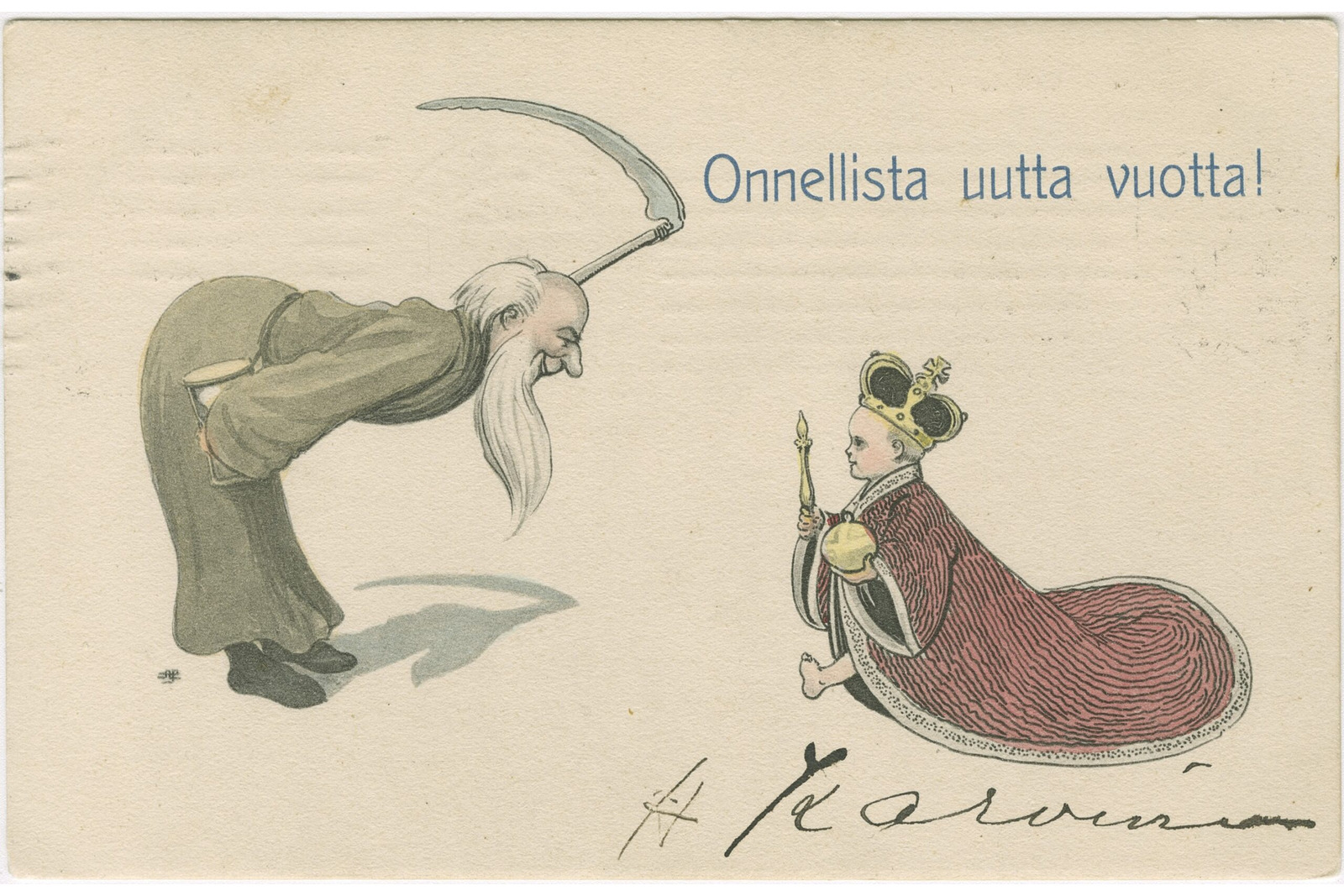 Vanha viikatemies ja lapsi kuninkaan asussa katsovat toisiaan.