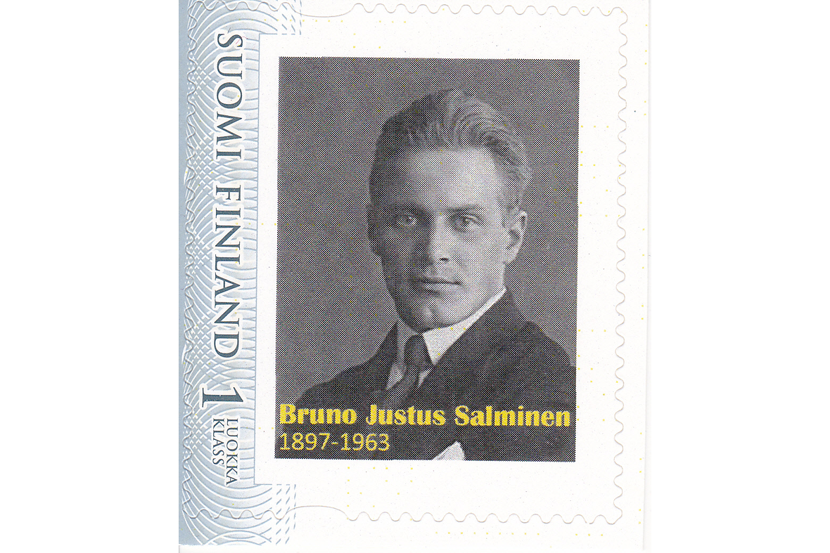 Postimerkissä mustavalkoinen kuva miehestä puvussa, alla teksti Bruno Justus Salminen 1897-1963.