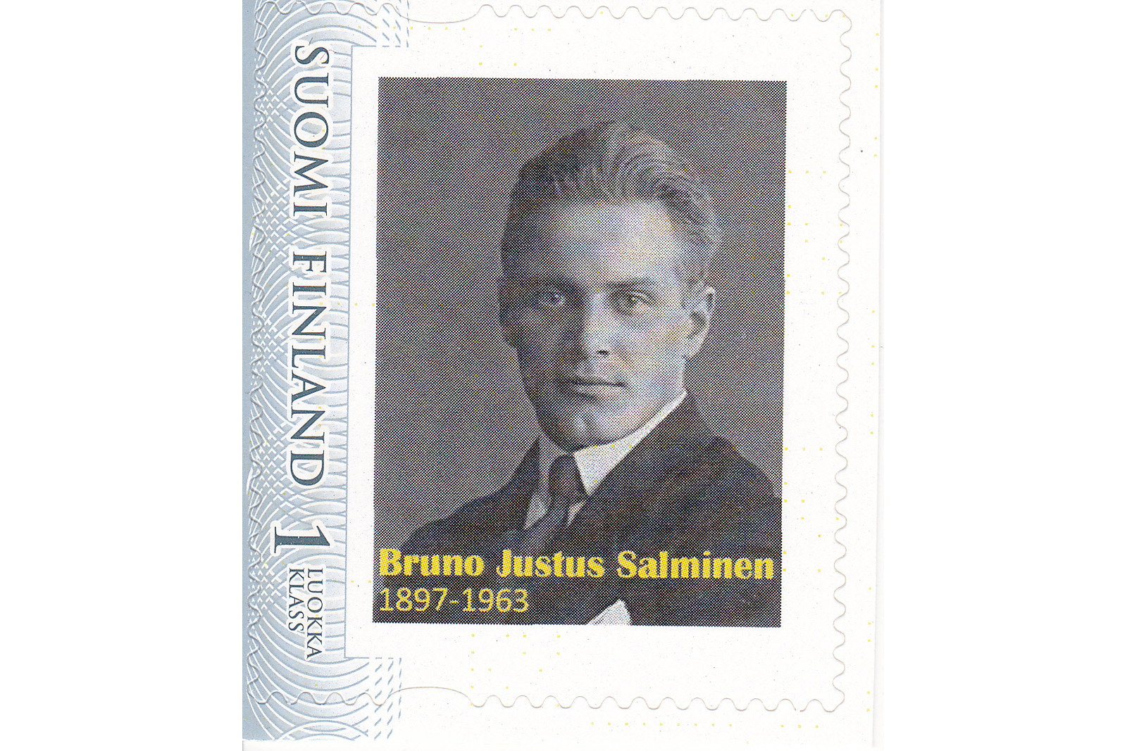 Postimerkissä mustavalkoinen kuva miehestä puvussa, alla teksti Bruno Justus Salminen 1897-1963.