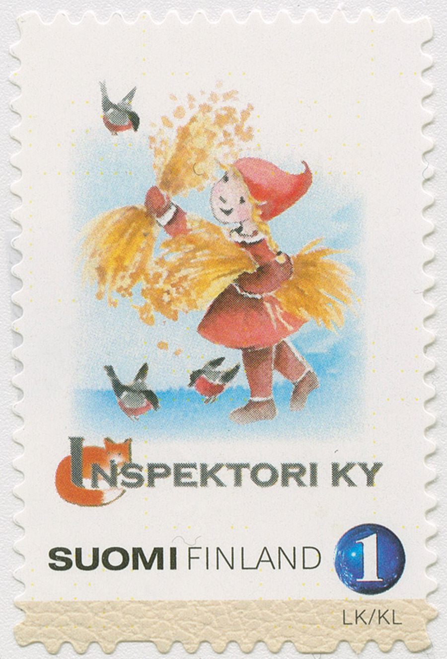 Omakuvapostimerkki, jossa piirroskuva tontusta olkien kanssa ympärillään punatulkkuja, alla Inspektori Ky:n logo.