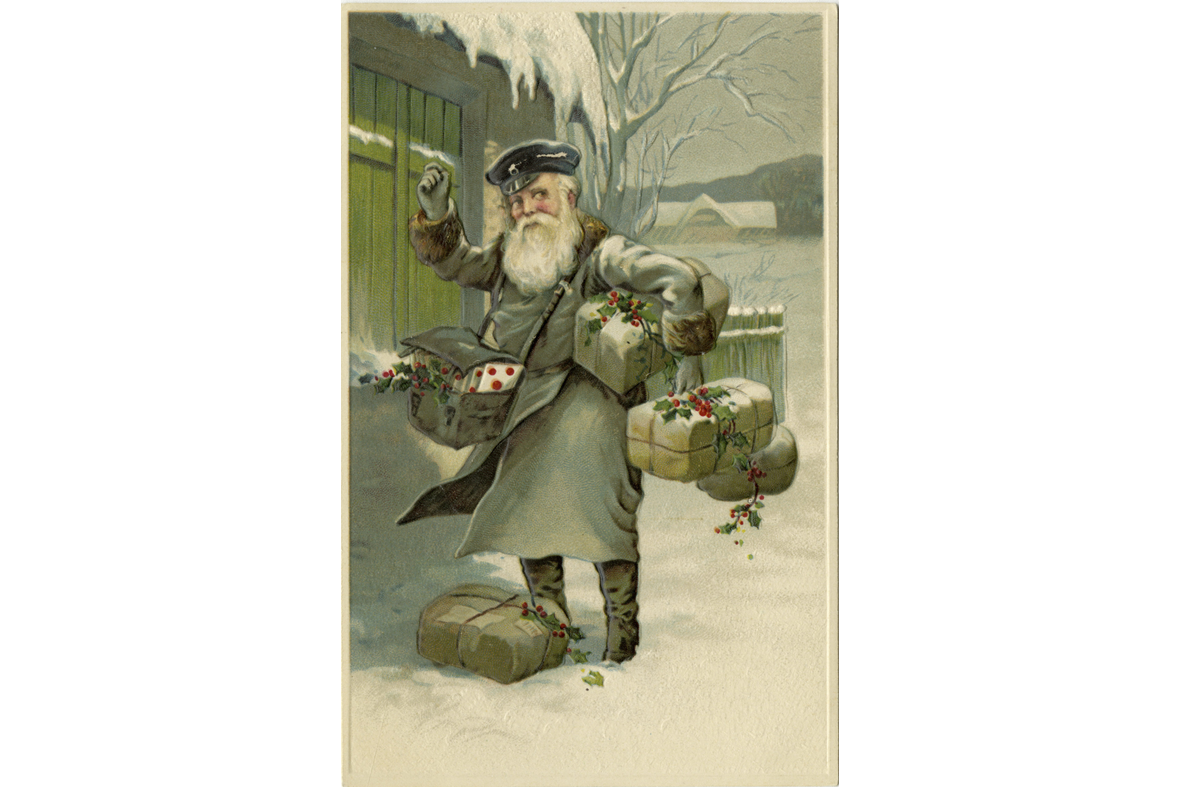 Harmaasävyisessä pystymallisessa kortissa harmaapartainen, musta lakkipäinen mies on koputtamassa ikkunanmalliseen puuoveen. Toisessa kädessä hänellä on joululahjoja, yksi kainalossa, yksi maassa lumessa ja mustasta olkalaukusta pilkistää lisää lahjoja.