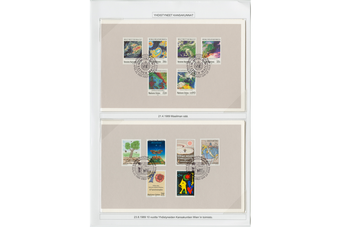 Postimerkkikokoelma sivu, missä on kaksi kuuden postimerkin sarjaa kahdella leimalla.