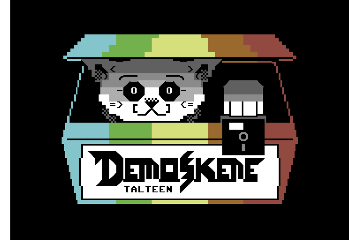 Pikselimäisessä kuvassa kissa kurkkaa laatikosta tassussaan disketti.