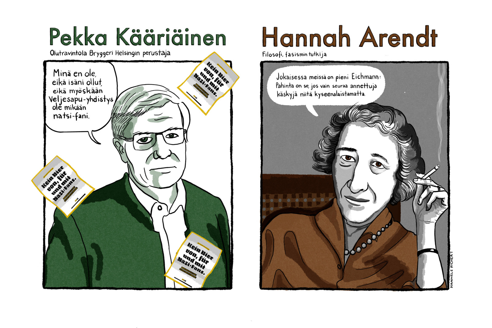 Sarjakuvan ruuduissa vasemmalla mies ja oikealla nainen.