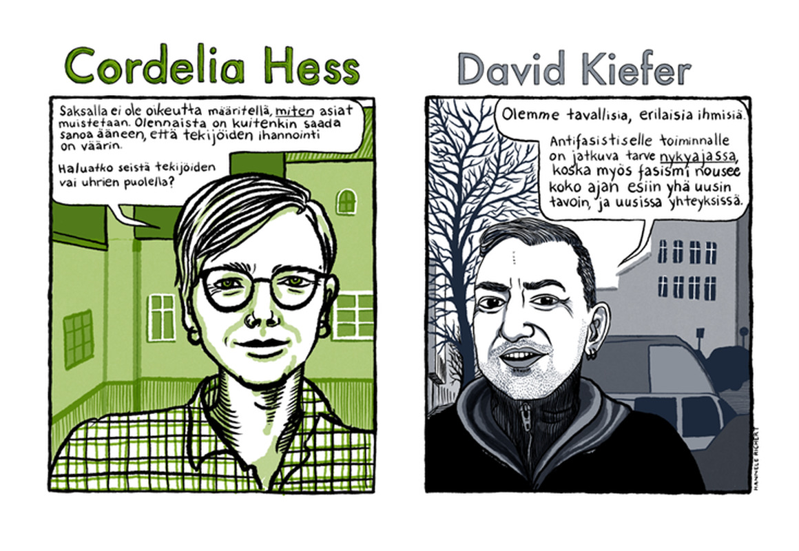 Sarjakuvamainen piirros kahdesta ihmisestä, Cordelia Hessistä ja David Kieferistä, omissa ruuduissaan puhekuplien kera. Vasemmanpuoleisessa, vihreäsävyisessä ruudussa on otsikko ”Cordelia Hess”. Ruutu esittää lyhythyksistä, silmälaseja ja ruutupaitaa käyttävää naista kaupunkitaustalla. Hänen puhekuplassaan lukee: ”Saksalla ei ole oikeutta määritellä, miten asiat muistetaan. Olennaista on kuitenkin saada sanoa ääneen, että tekijöiden ihannointi on väärin. Haluatko seistä tekijöiden vai uhrien puolella?”Oikeanpuoleisessa, mustavalkoisessa ruudussa on otsikko ”David Kiefer”. Ruutu esittää sänkipartaisen ja korvakorua käyttävän miehen, jolla on yllään huppari. Taustalla näkyy paljas puu, auto ja kerrostalo. Hänen puhekuplassaan lukee: ”Olemme tavallisia, erilaisia ihmisiä. Antifasistiselle toiminnalle on jatkuva tarve nykyajassa, koska myös fasismi nousee koko ajan esiin yhä uusin tavoin, ja uusissa yhteyksissä.”