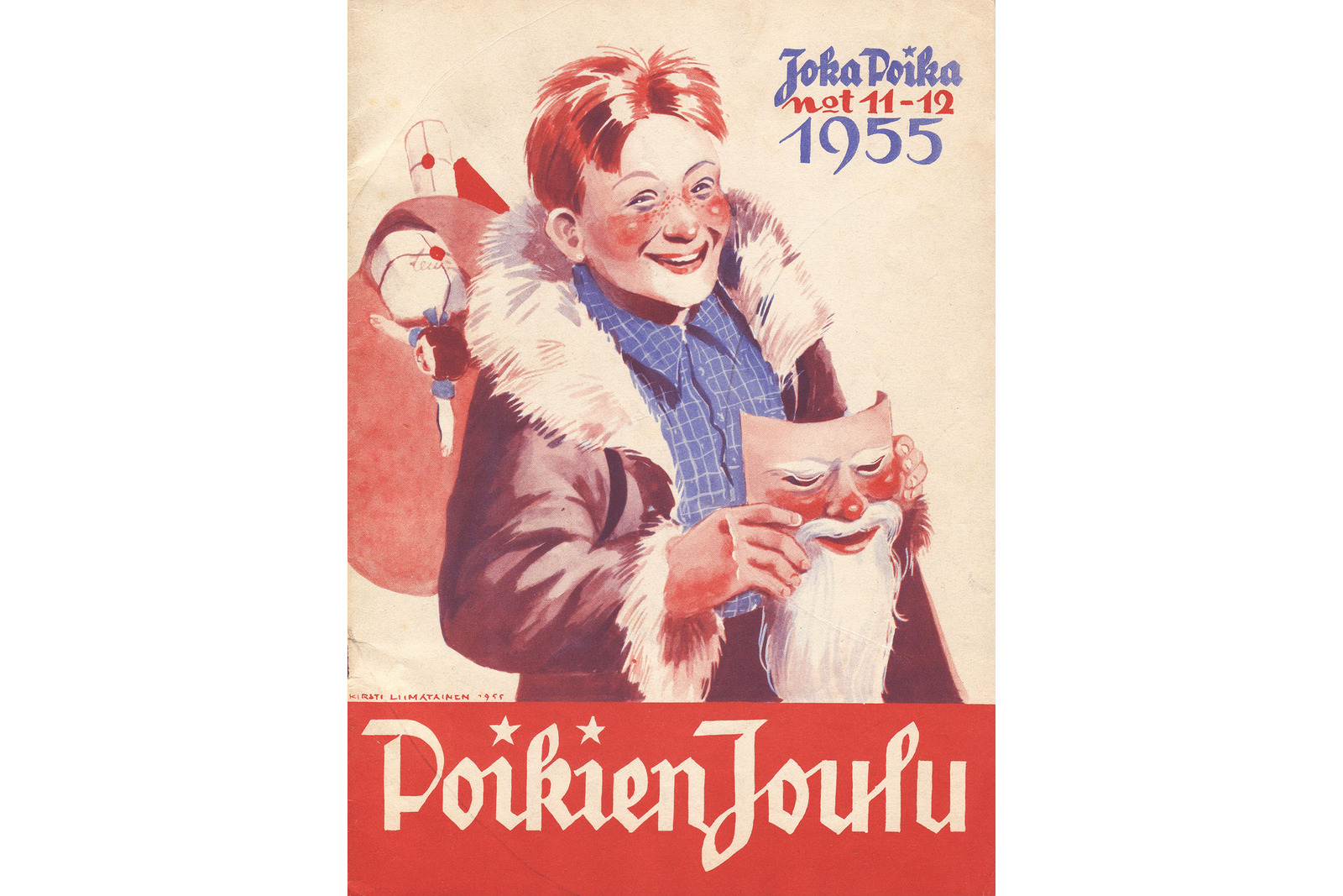 Poikien joulu -lehden kansi, jossa piirros hymyilevästä pojasta lahjasäkki selässä ja joulupukin naamari käsissään.