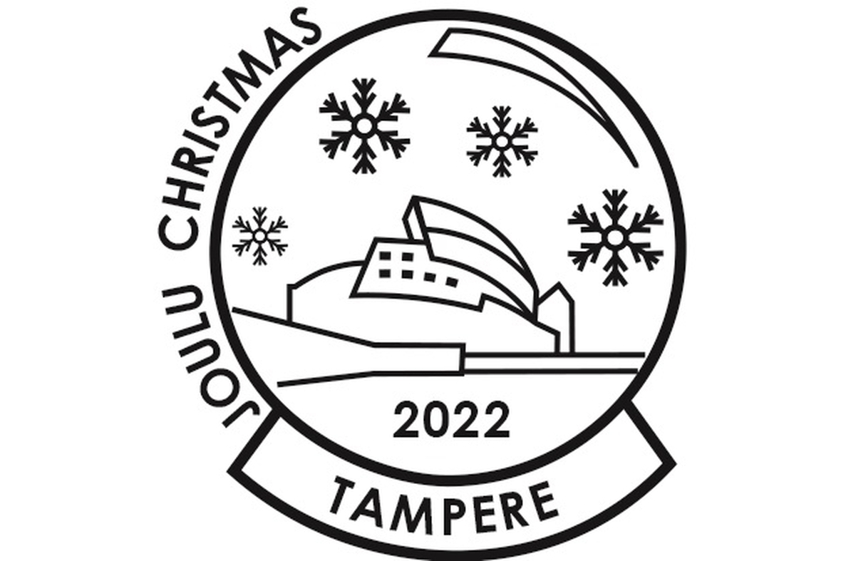 Joululeima, jossa on kuvattuna Nokia-areena, lumihiutaleita ja tekstinä Tampere 2022 joulu christmas.