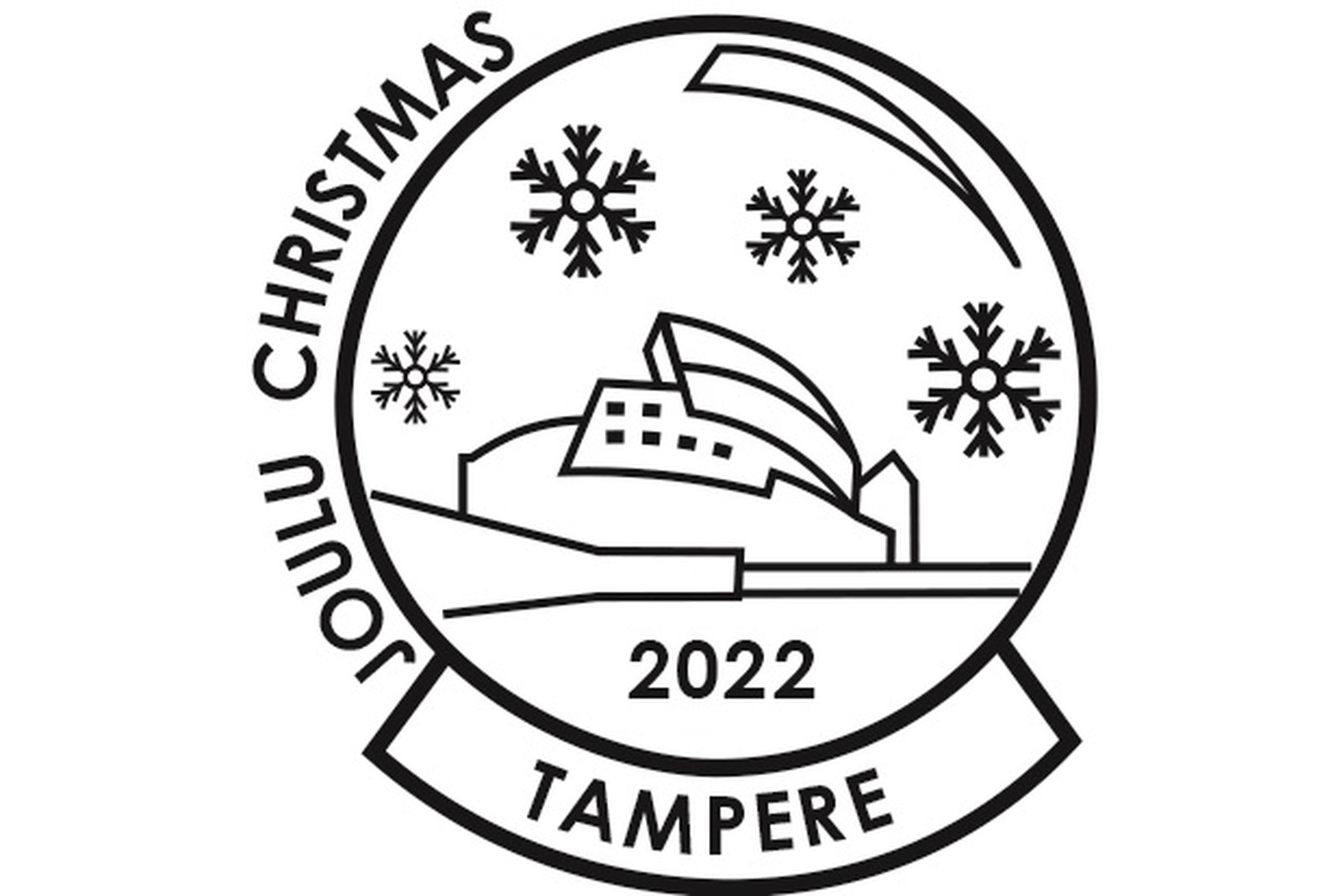 Joululeima, jossa on kuvattuna Nokia-areena, lumihiutaleita ja tekstinä Tampere 2022 joulu christmas.