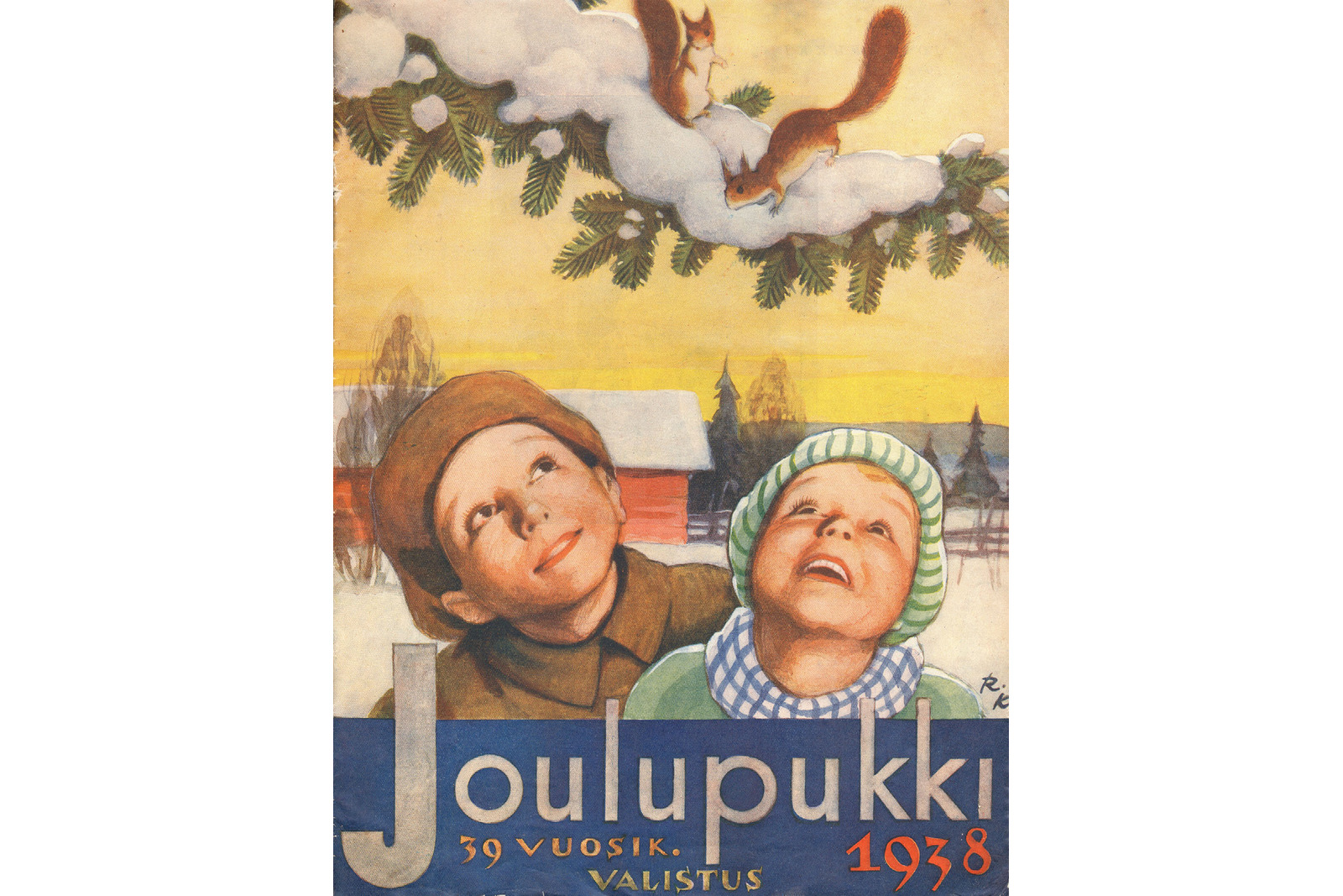 Joulupukki-lehden kansi, jossa piirroskuva lapsista katsomassa lumen peittämällä kuusen oksalla olevia oravia maalaismaisemassa