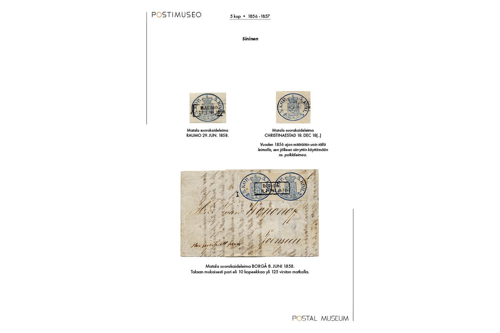 Sivulle on kiinnitetty kaksi erillistä viiden kopeekan postileimaa sekä lähetetty kirjekuori, jossa on viiden kopeekan leimapari. Kaikki vuosilta 1856-1857. Sivulta löytyy myös muut tiedot leimasta ja kuoresta.