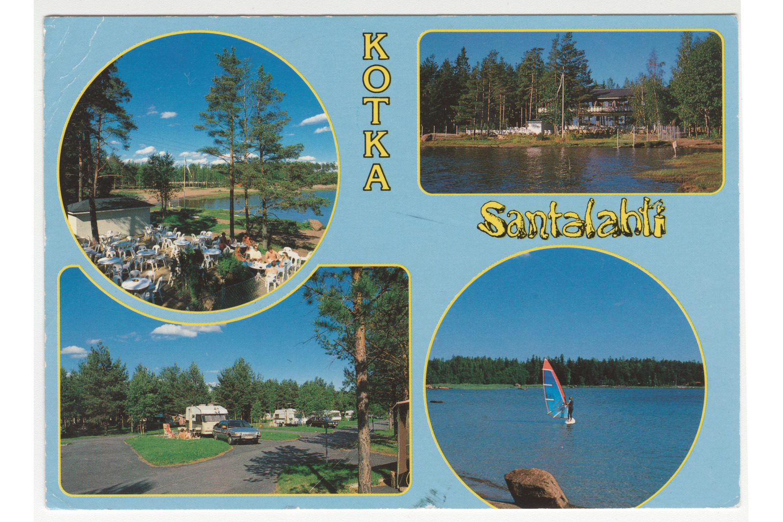 Järvimaisemakuvia sekä asuntovaunualueelta vaakamalisessa postikortissa, jossa on vaaleansinisellä taustalla keltaisella tekstit Kotka Santalahti.