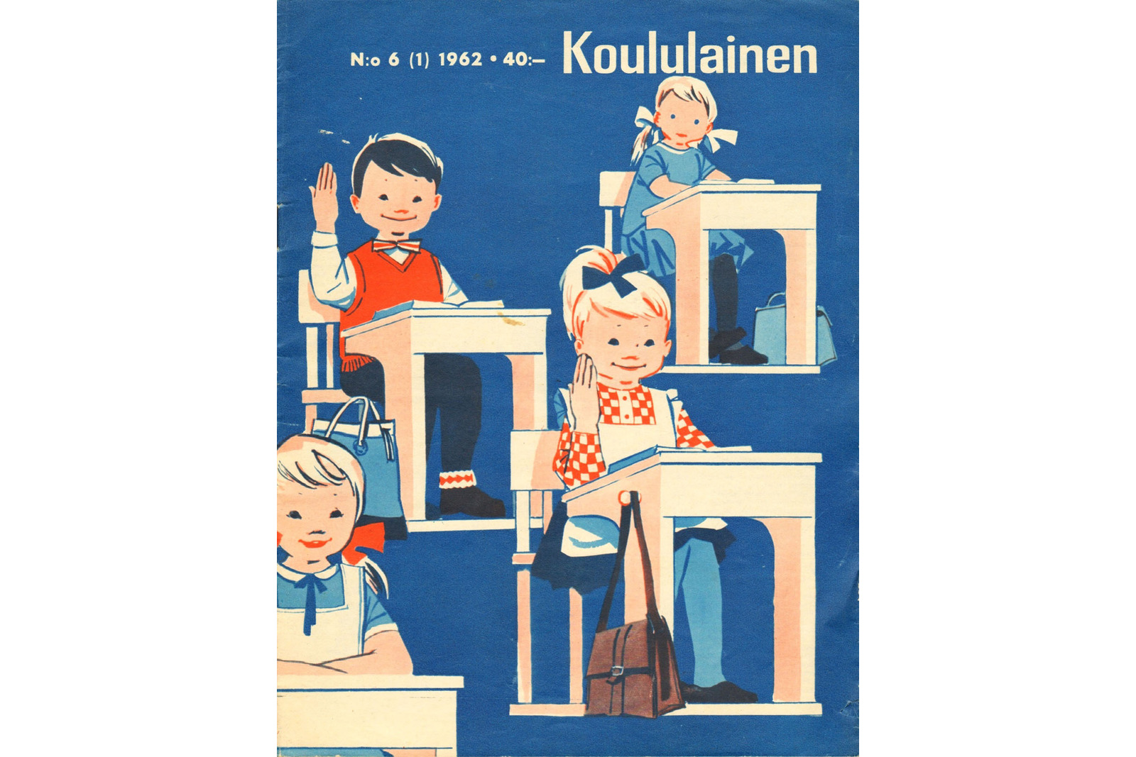 Koululainen-lehti, jonka kannen piirroksessa lapset viittaavat pulpettiensa takaa.