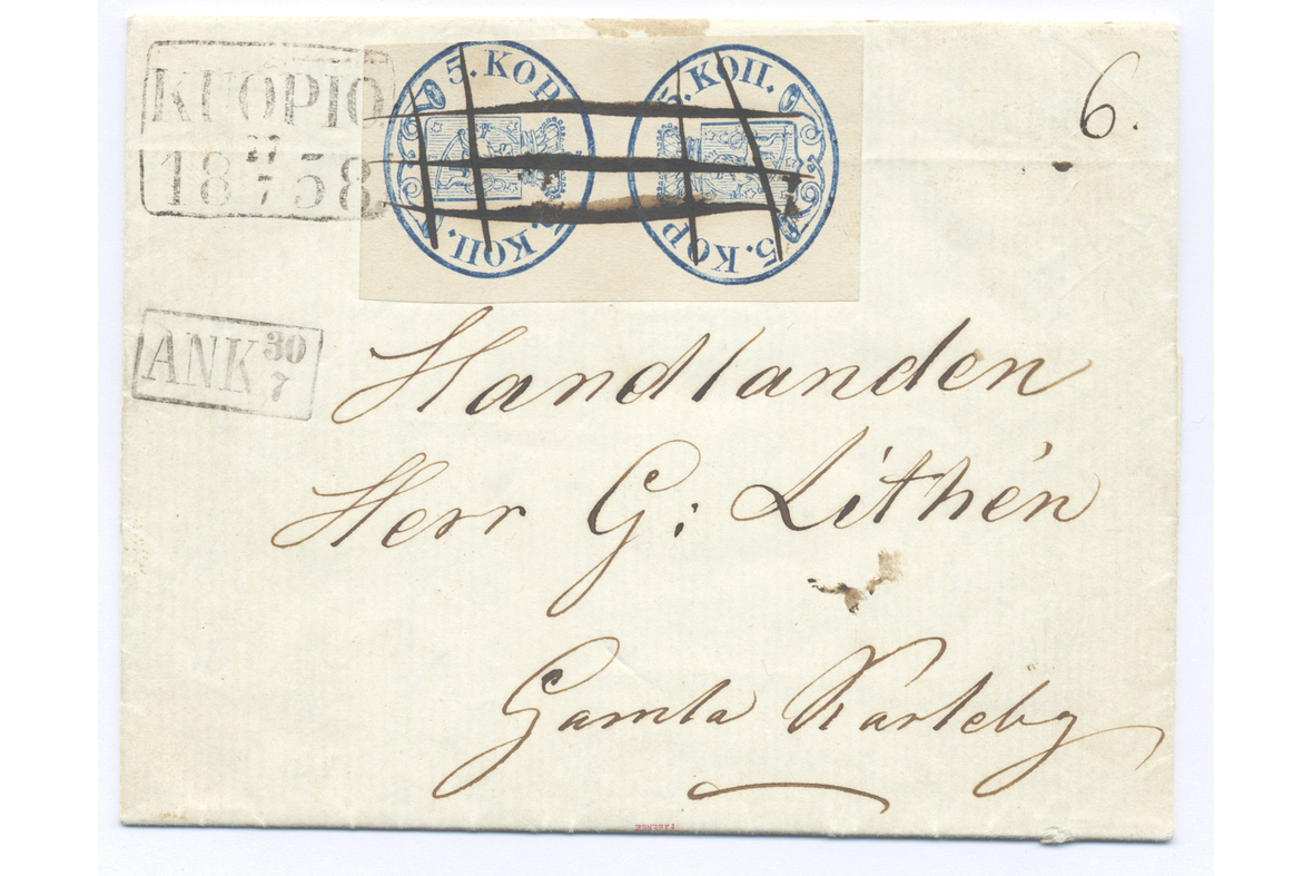 Kirjekuori, jossa päikköparimerkki, käsinkirjoitettu osoite ja leima tekstillä Kuopio 1858 4/7.