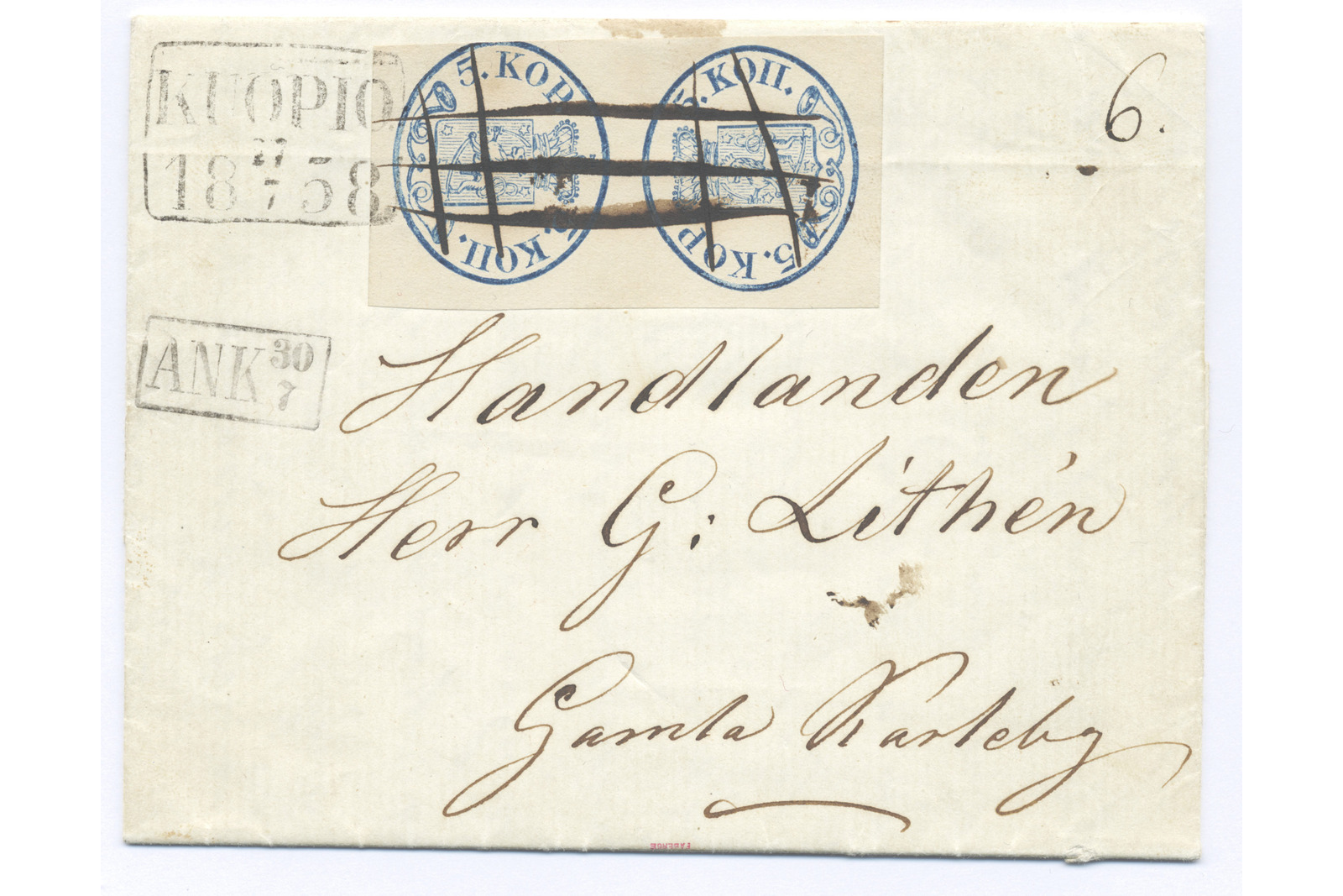 Kirjekuori, jossa päikköparimerkki, käsinkirjoitettu osoite ja leima tekstillä Kuopio 1858 4/7.