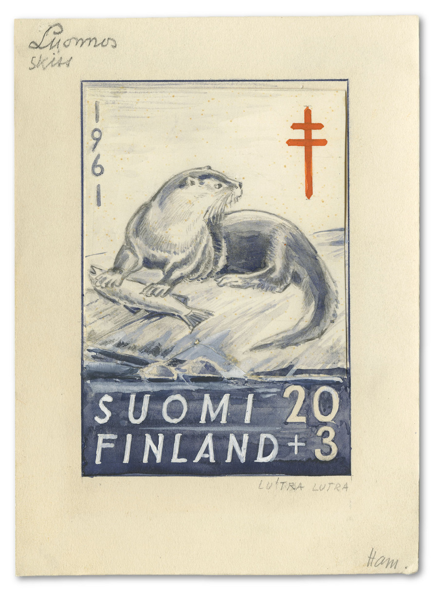 Pystymallisen postimerkin harmaasävyinen luonnos, jossa on saukko rantakalliolla kalan kanssa. Kuvassa on punainen Tuberkuloosihuollon merkki ja tekstinä Suomi Finland 20+3 1961 Lutra Lutra.