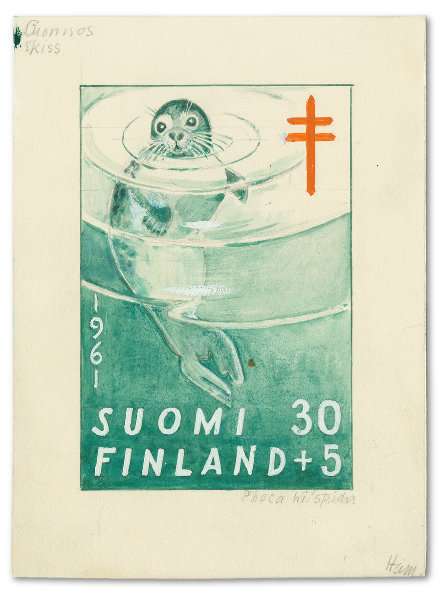 Pystymallisen postimerkin vihertäväsävyinen luonnos, jossa on saimaannorppa nousemassa veden pinnalle. Kuvassa on punainen Tuberkuloosihuollon merkki ja tekstinä Suomi Finland 30+5 1961 Phoca hispida.