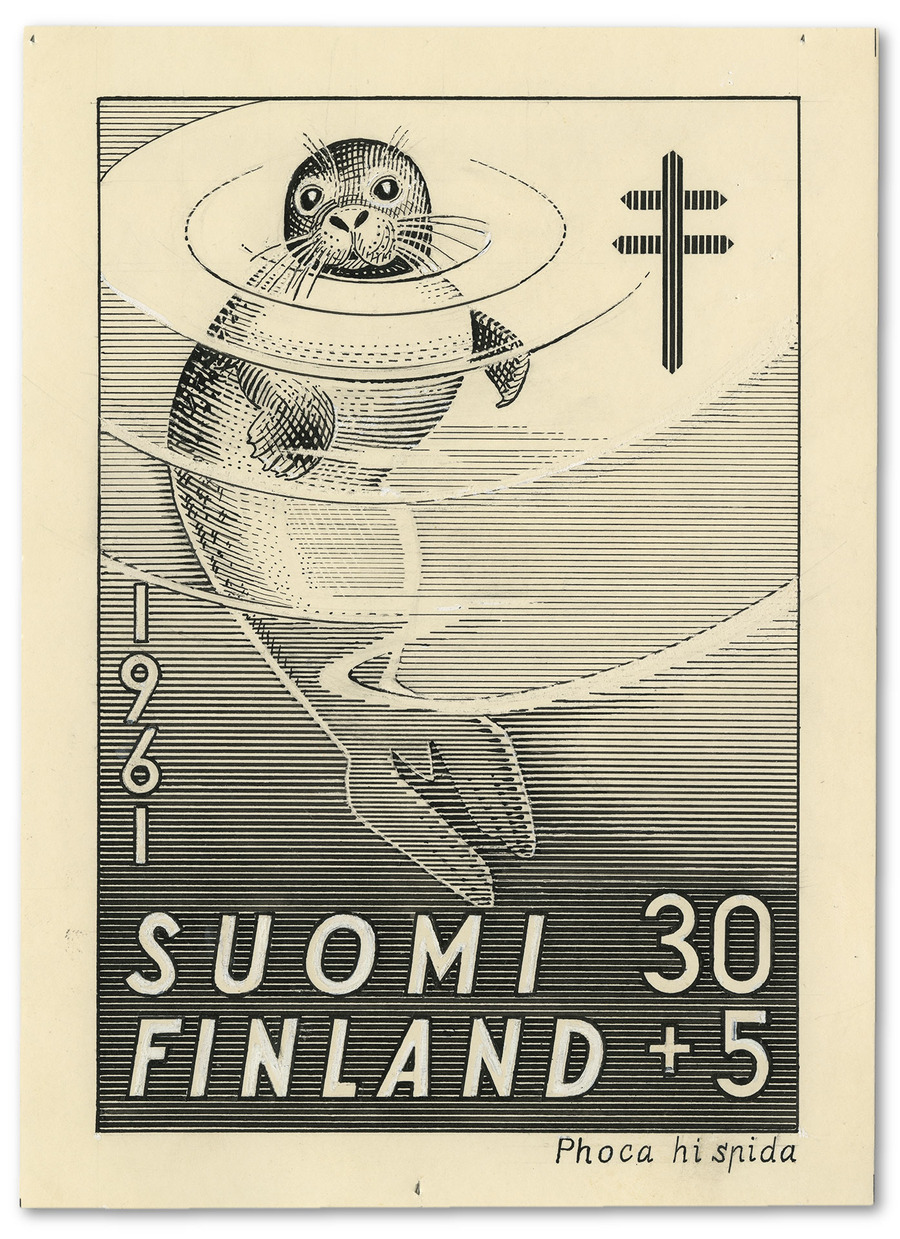Pystymallisen postimerkin luonnos, jossa on saimaannorppa nousemassa veden pinnalle. Kuvassa on Tuberkuloosihuollon merkki ja tekstinä Suomi Finland 30+5 1961 Phoca hispida.