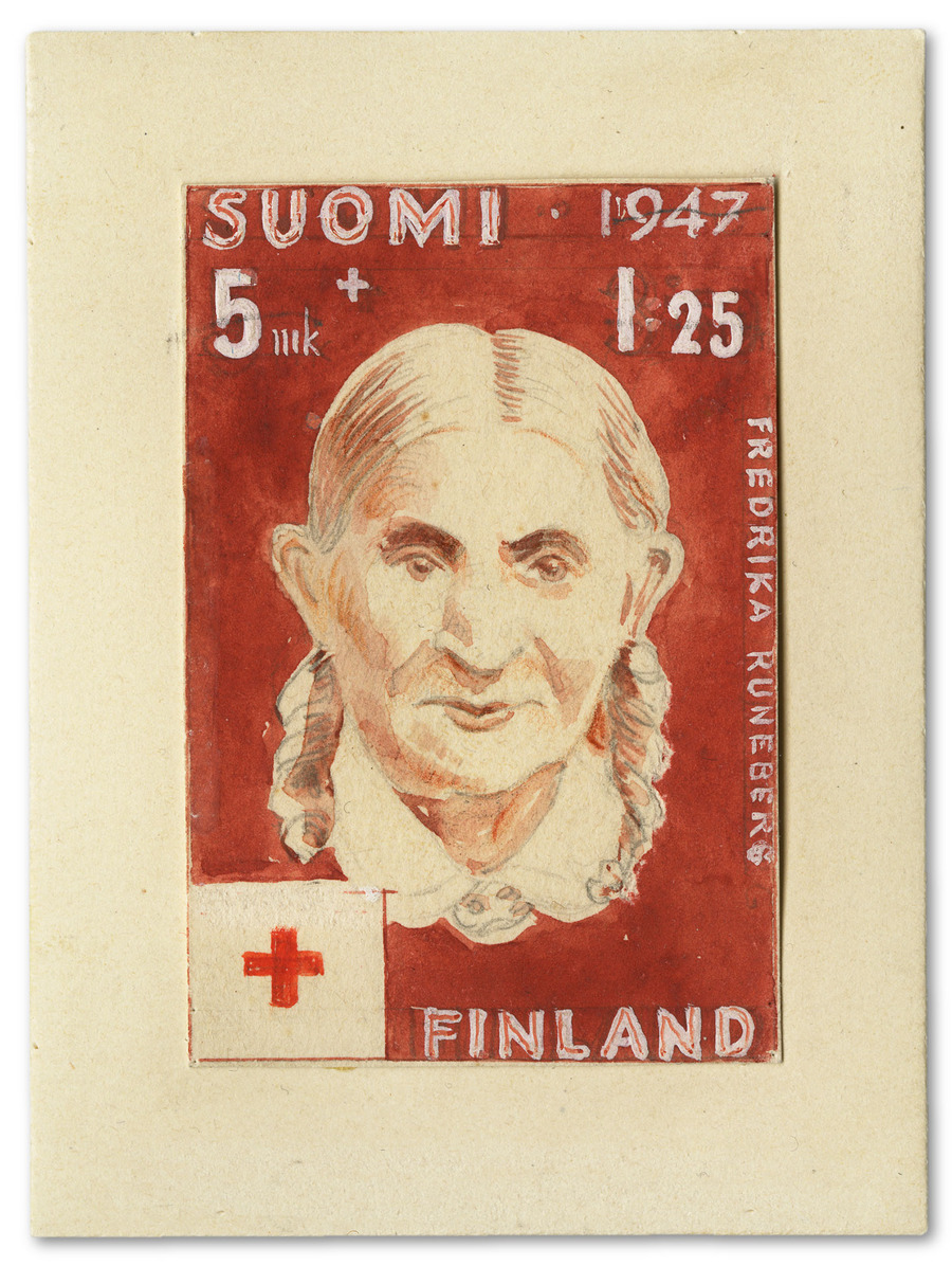 Postimerkkipiirros isossa koossa. Puinainen tausta, naishahmo keskellä, vasemmassa alakulmassa Suomen Punaisen Ristin logo. Teksteinä: Suomi 1947, 5 mk 1.25, Fredrika Runeberg, Finland