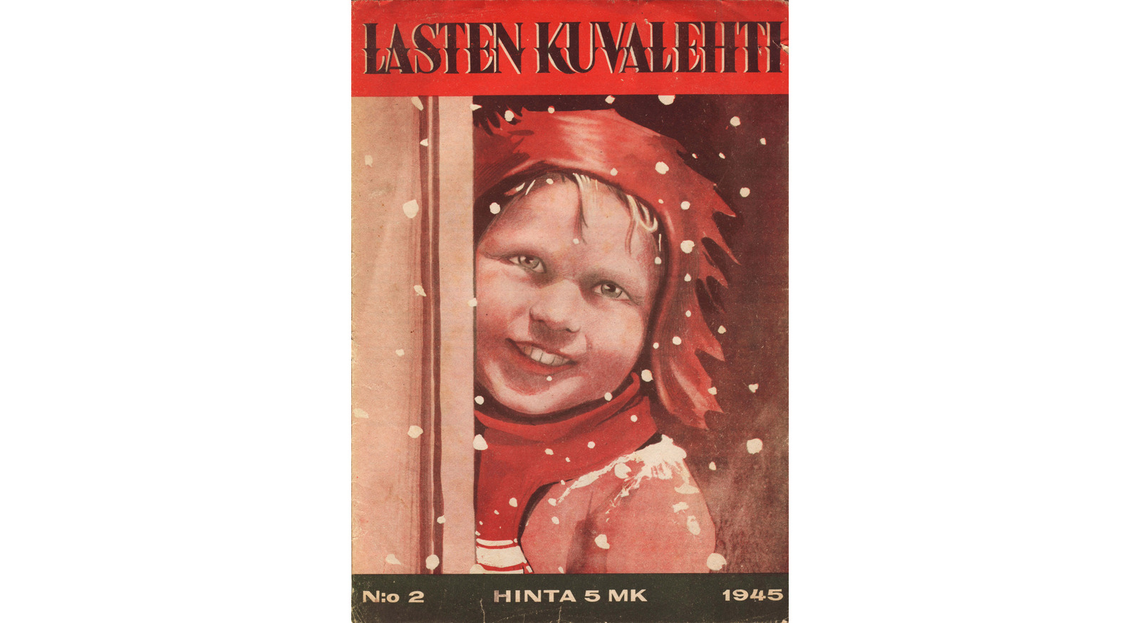 Lasten kuvalehden kansi, jossa piirros lumisateessa olevasta lapsesta