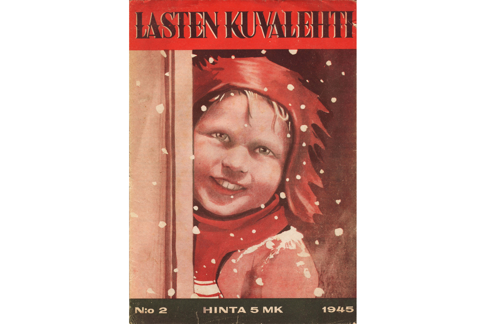Lasten kuvalehden kansi, jossa piirros lumisateessa olevasta lapsesta
