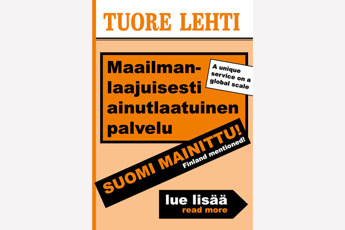 Sanomalehden uutismainosta mukaileva kuva, jossa pelkkiä otsikoita. Myös englanniksi.