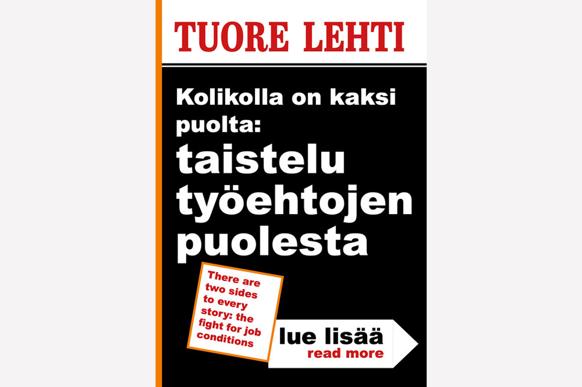 Sanomalehden uutismainosta mukaileva kuva, jossa pelkkiä otsikoita. Myös englanniksi.