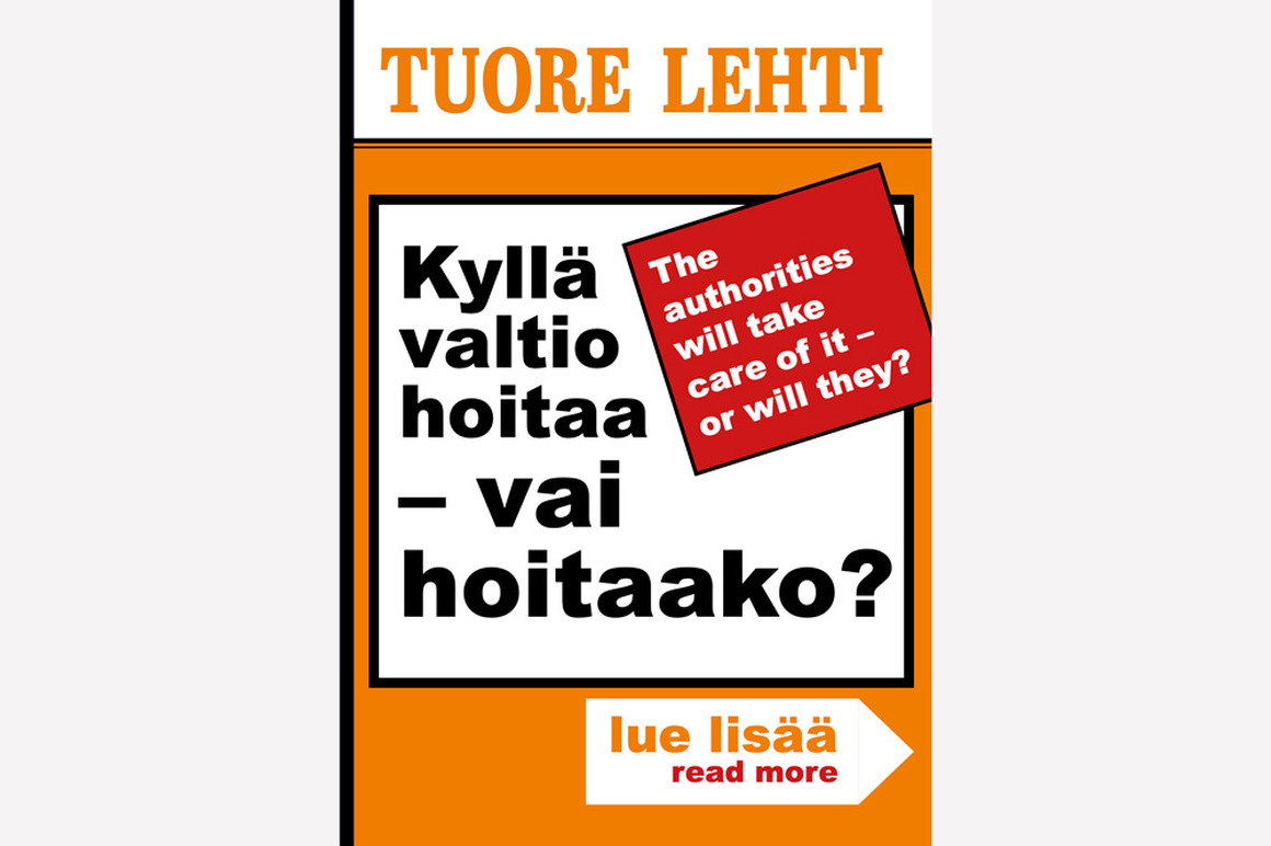 Sanomalehden uutismainosta mukaileva kuva, jossa pelkkiä otsikoita. Myös englanniksi.