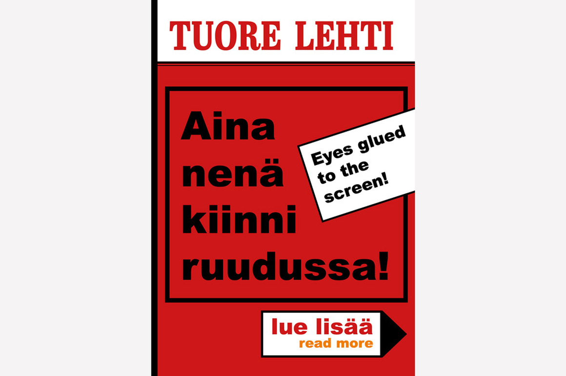 Sanomalehden uutismainosta mukaileva kuva, jossa pelkkiä otsikoita. Myös englanniksi.