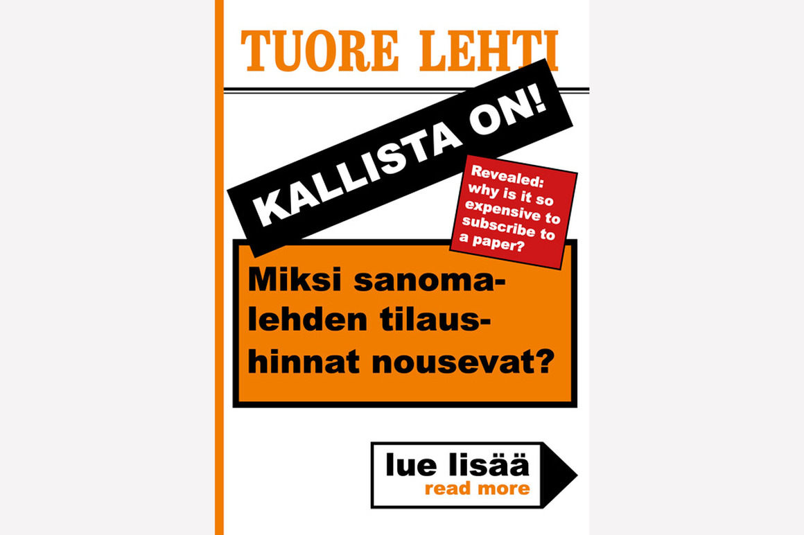 Sanomalehden uutismainosta mukaileva kuva, jossa pelkkiä otsikoita. Myös englanniksi.