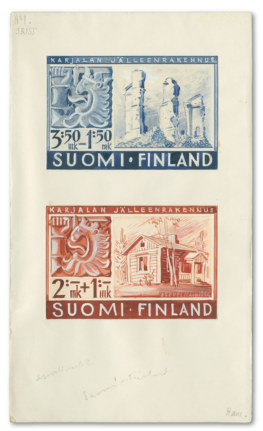 Kaksi vaakatasoista postimerkkiluonnosta. Ylhäällä sinisävyinen, missä on leijonavaakuna ja rauniot sekä teksti Karjalan jälleenrakennus Suomi Finland. Alhaalla punasävyinen, jossa on leijonavaakuna ja hirsinen rakennus sekä tekstit Karjalan jälleenrakennus Suomi Finland Asevelitalo.