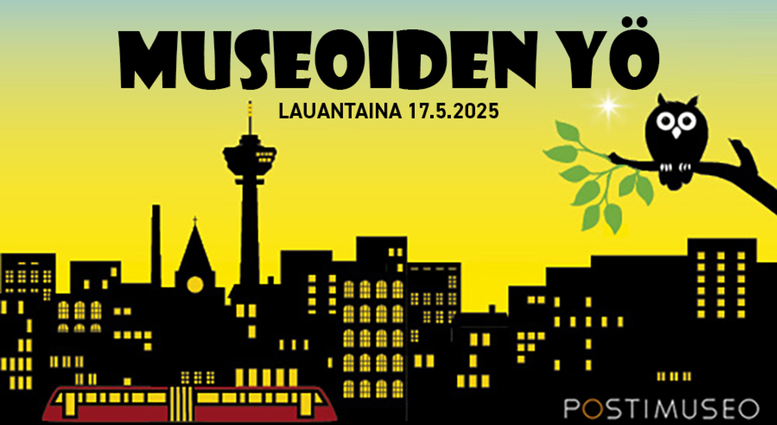 Museoiden yön banneri, missä pöllö ja Tampereen kaupunkia.