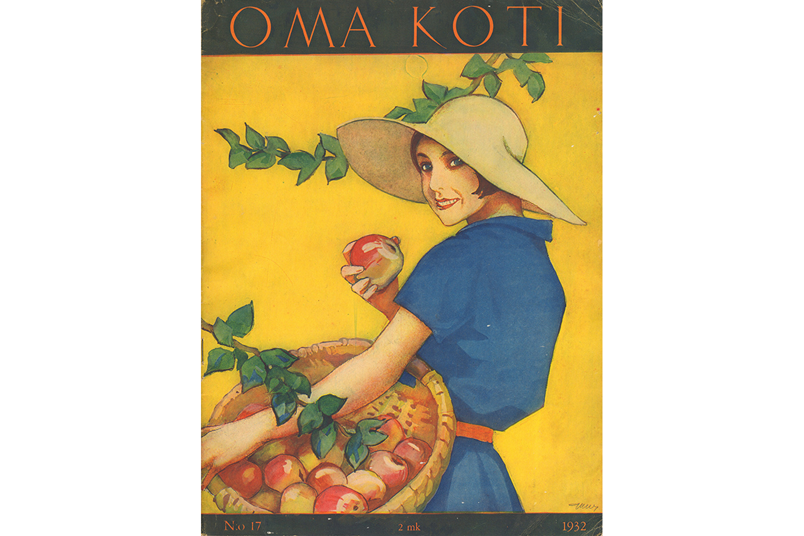 Oma Koti -lehden kansikuva, jossa Martta Wendelinin piirros naisesta hattu päässä ja omenakori kädessään, toisessa omena.