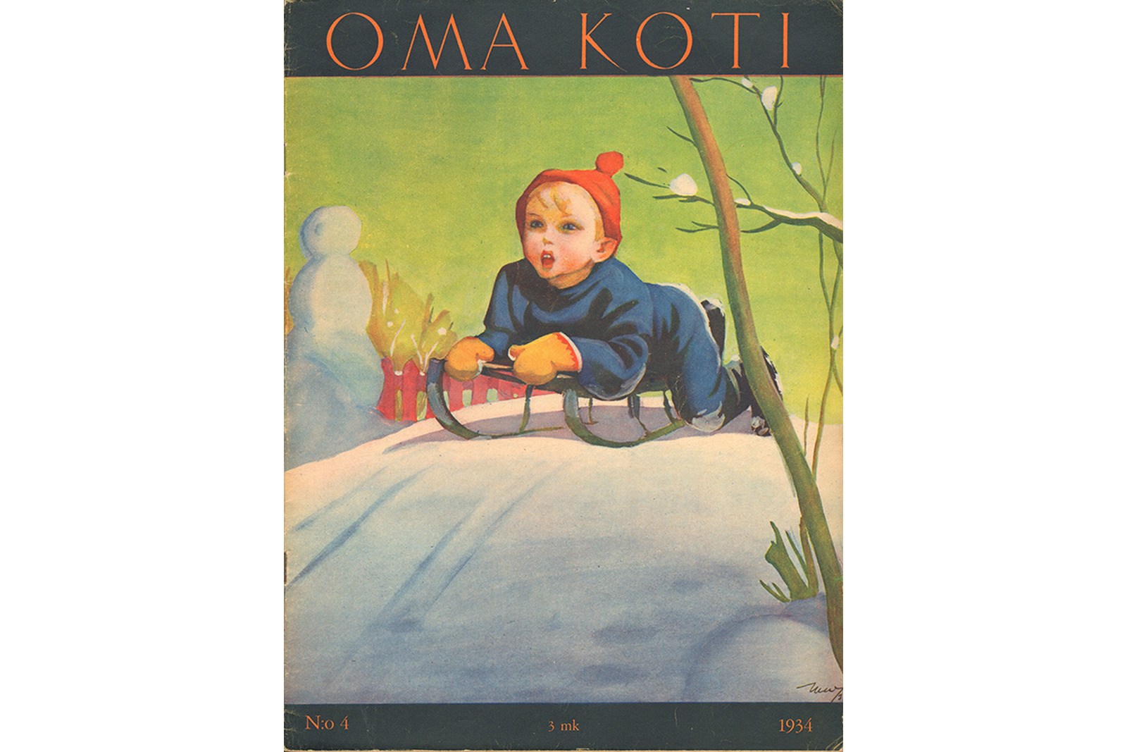 Oma Koti -lehden kansikuva, jossa Martta Wendelinin piirros pojasta kelkan päällä vatsallaan valmiina laskemaan mäkeä alas talvimaisemassa.