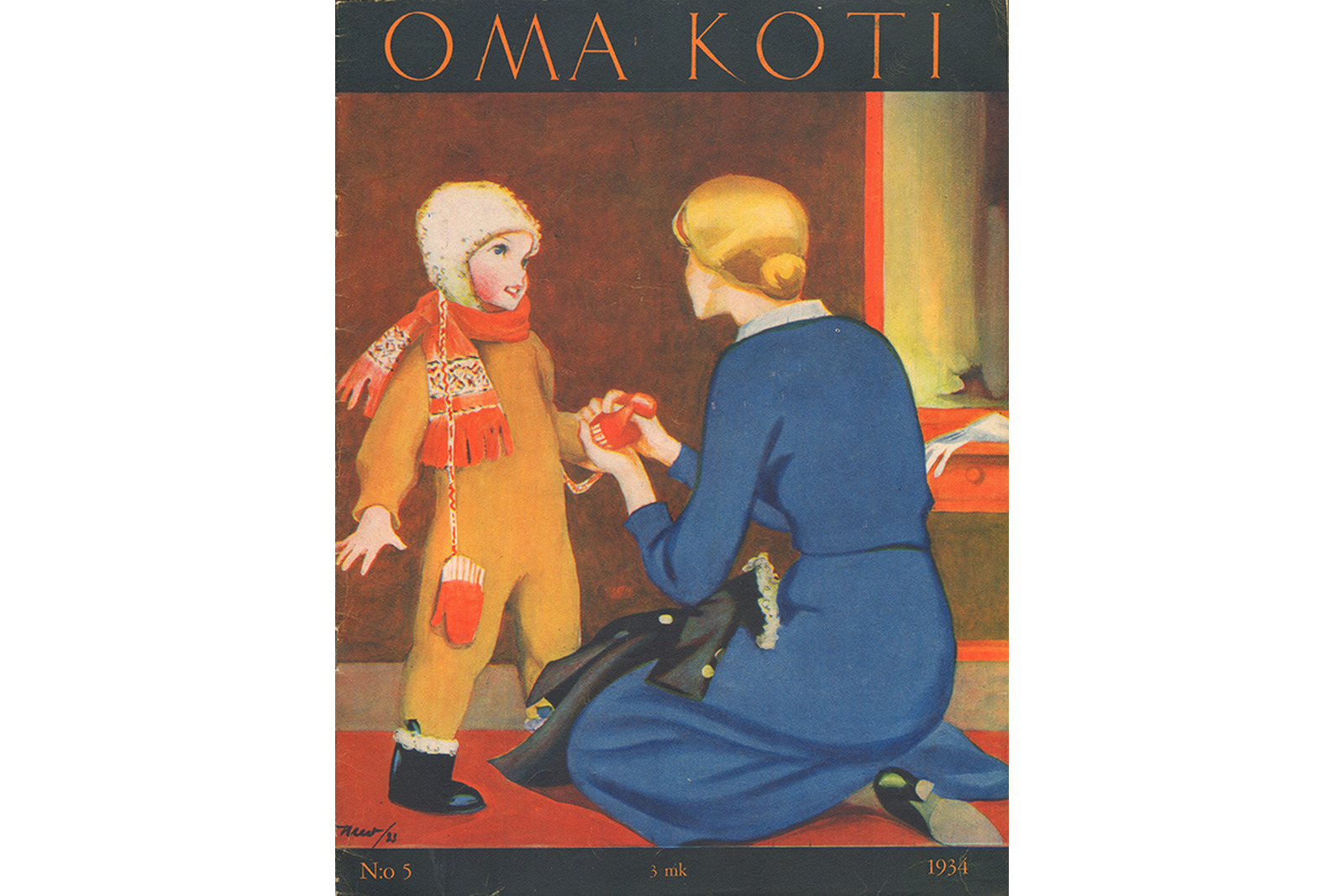 Oma Koti -lehden kansikuva, jossa Martta Wendelinin piirros naisesta sinisessä mekossa pukemassa lapselleen tumppuja sisällä.