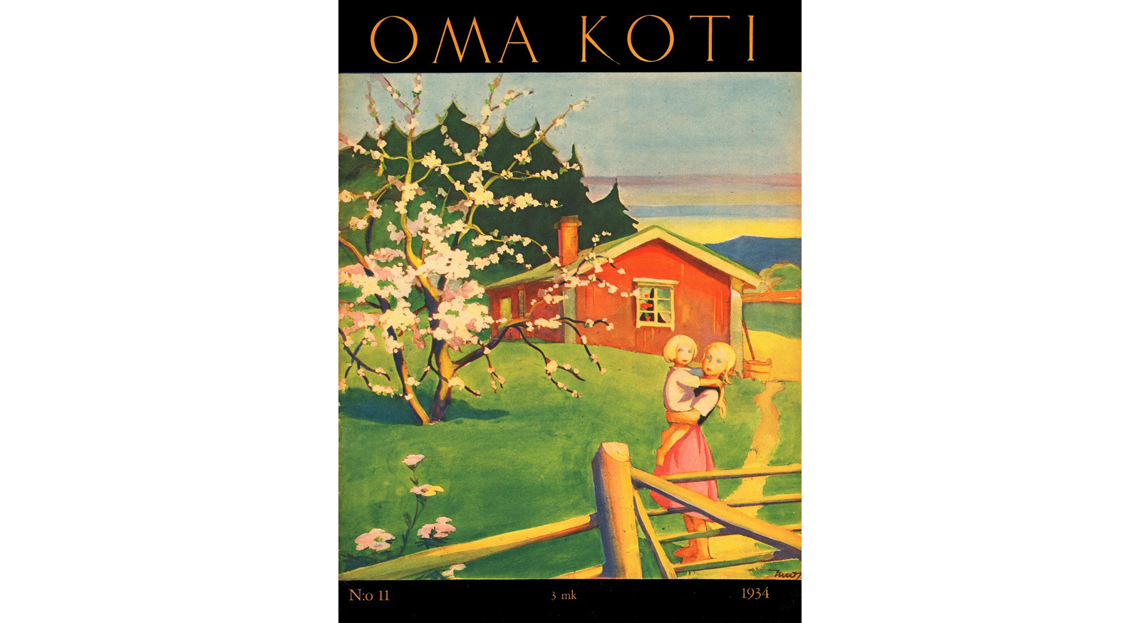 Oma Koti -lehden kansikuva, jossa Martta Wendelinin piirros pihasta. Piirroksessa aita, jonka takana tyttö toisen sylissä, omenapuu nurmikolla ja punainen tupa.