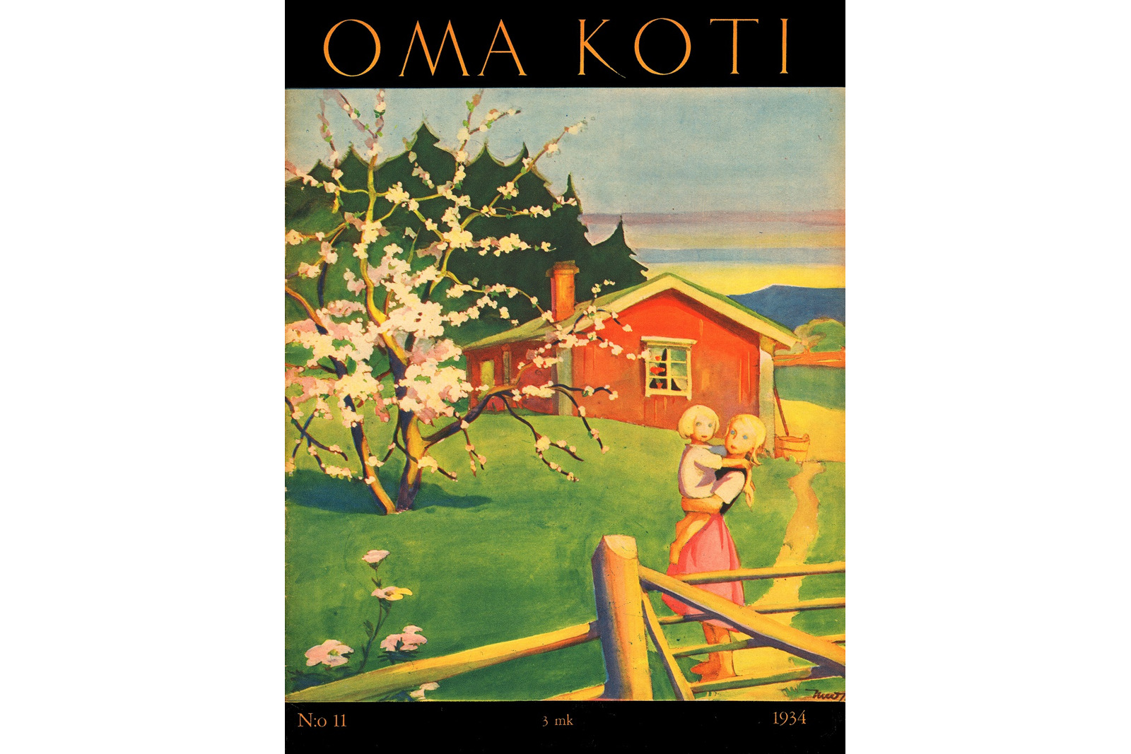Oma Koti -lehden kansikuva, jossa Martta Wendelinin piirros pihasta. Piirroksessa aita, jonka takana tyttö toisen sylissä, omenapuu nurmikolla ja punainen tupa.