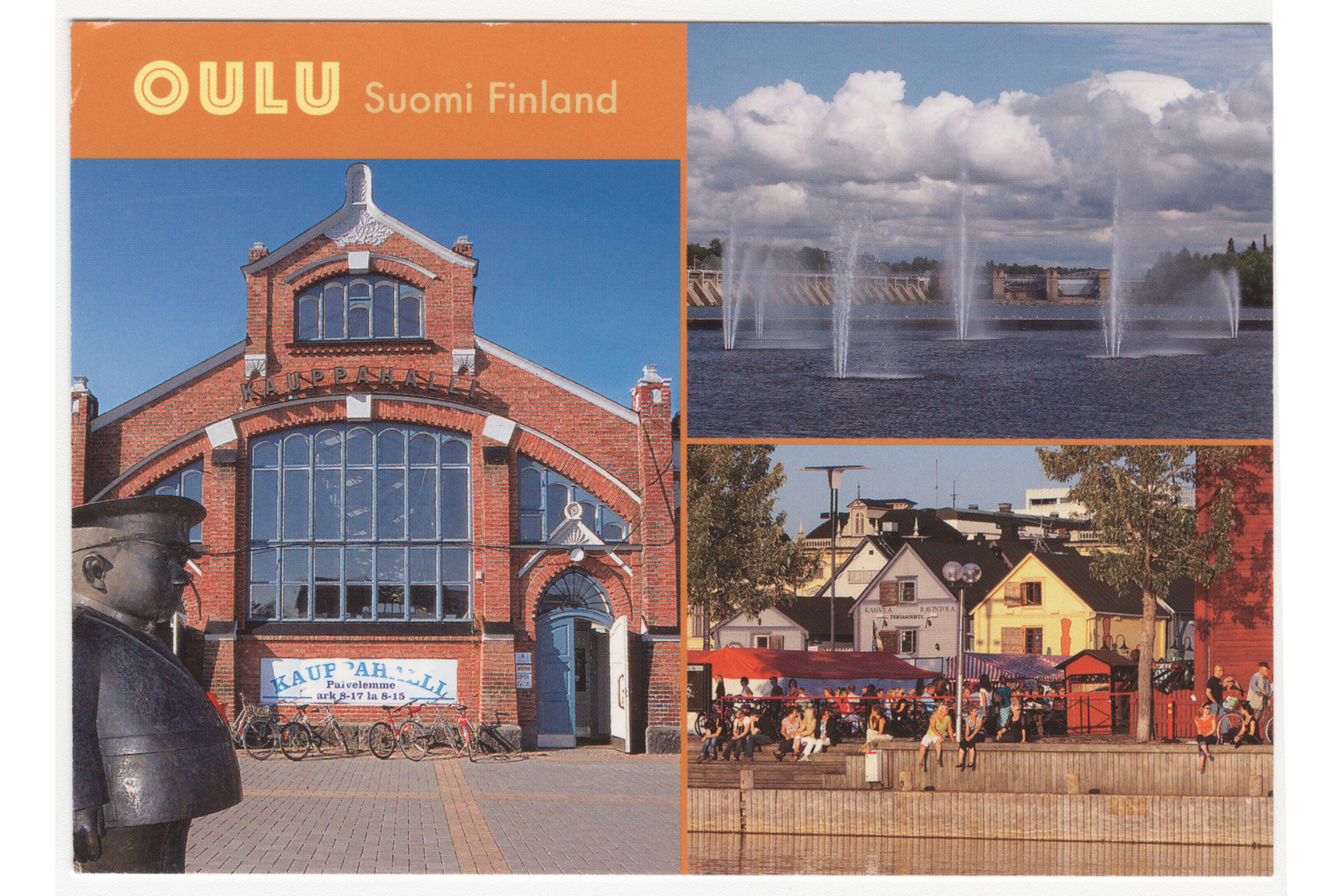 Vaakatasoinen postikorttti, jossa kolme maisemaa Oulusta ja oranssilla pohjalla vaalealla tekstillä Oulu Suomi Finland.