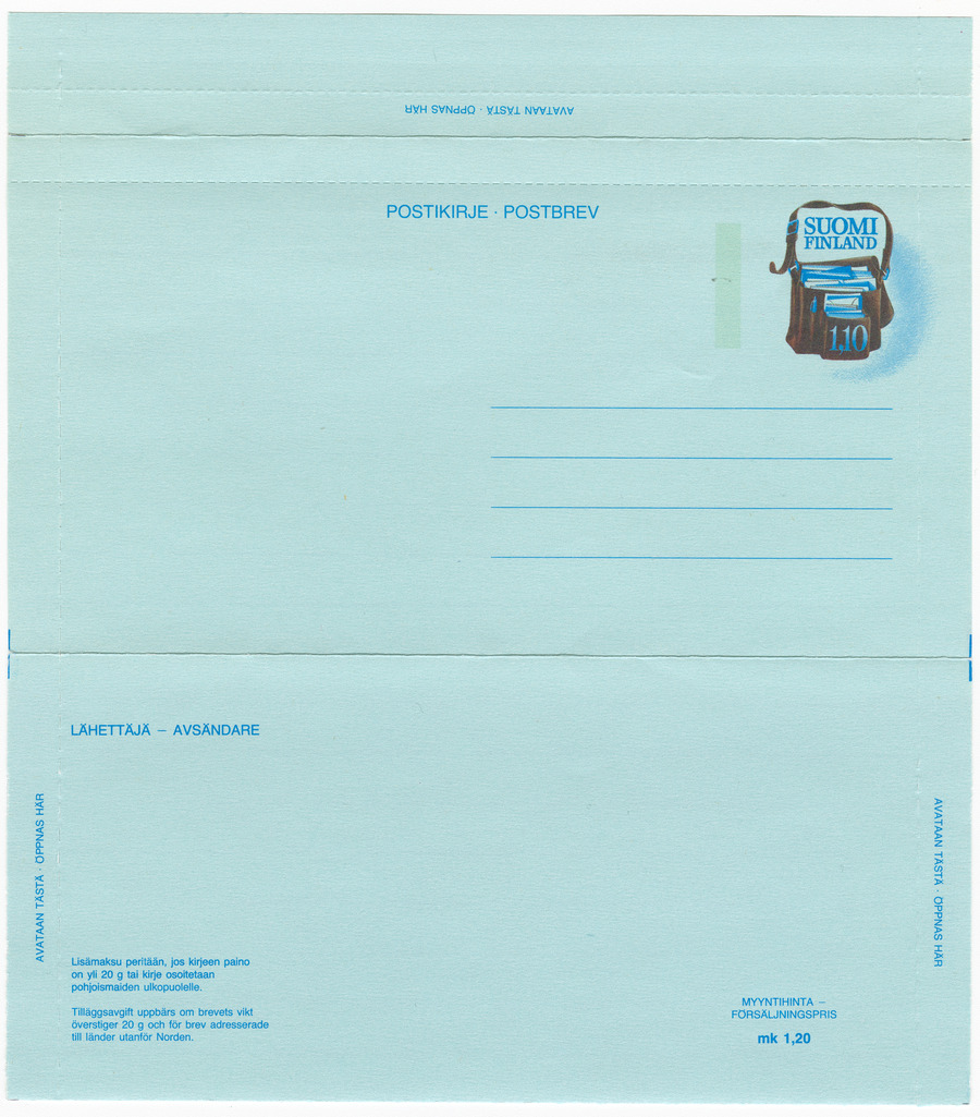 sinivihreä paperi, johon on painettu postimerkin kuva ja postikirjeen virallisia tekstejä.