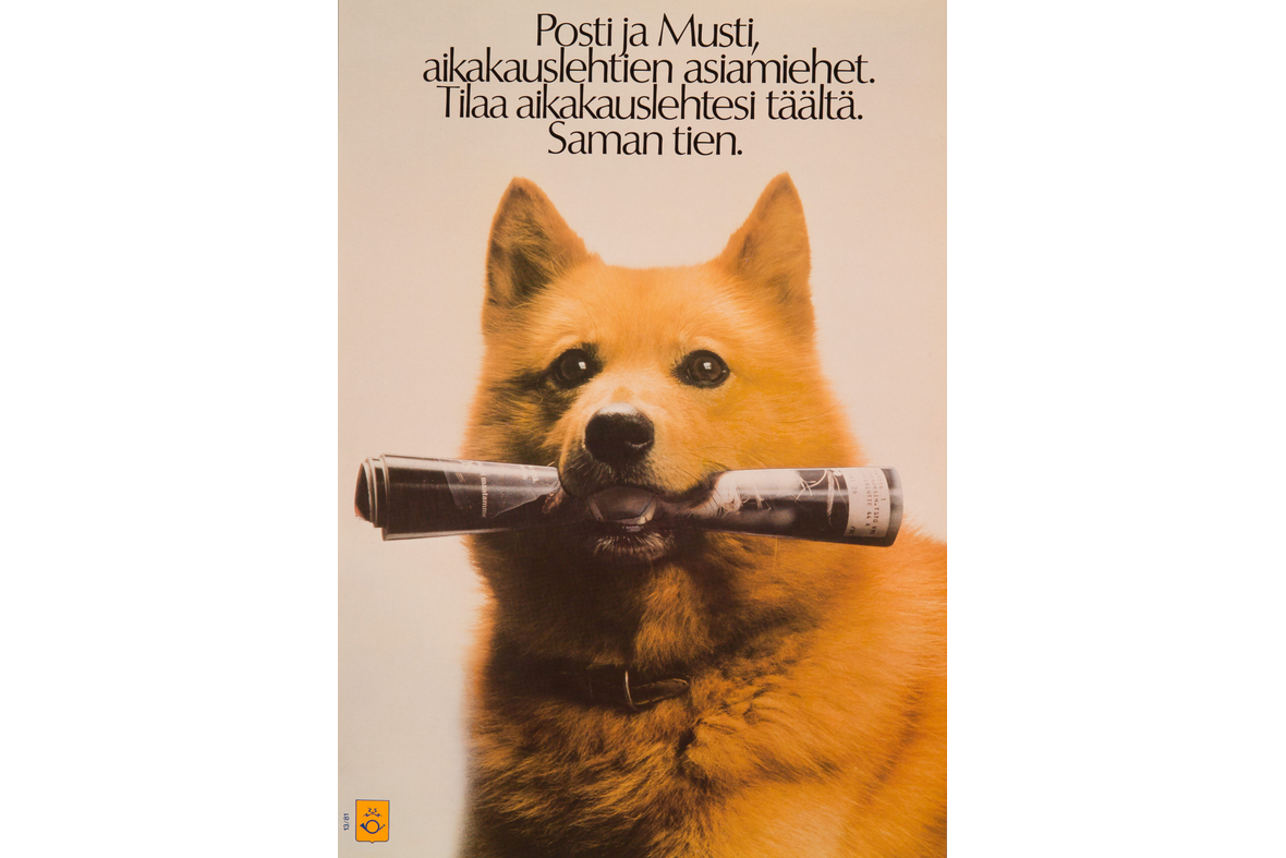 julisteessa pystykorvainen vaaleanruskea koira lehti rullalla suussaan.