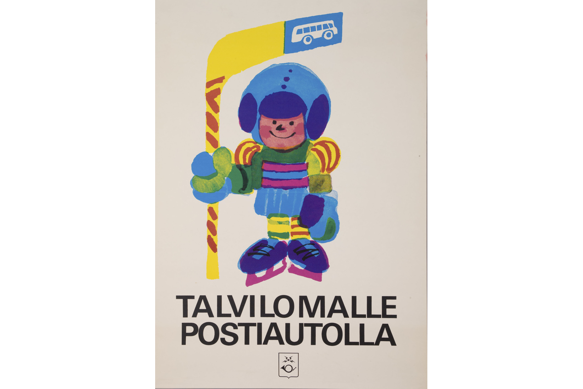 Julisteessa lapsi värikkäissä jääkiekkovarusteissa bussipysäkillä, alla teksti Talvilomalle postiautolla ja 1972 voimassa ollut Postin logo.